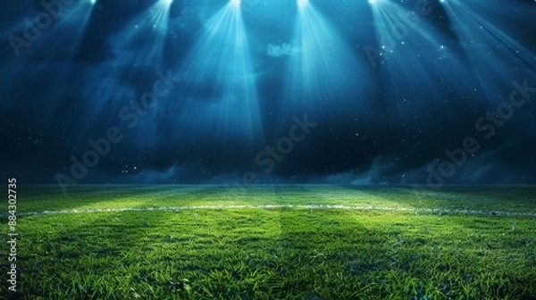 Fototapeta A mesmerizing view from midfield of an empty sports field under bright lights at night, highlighting the lush green grass and peaceful ambiance of the deserted arena.