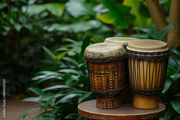 Fototapeta Pair of ornate african djembe drums against a backdrop of vibrant green foliage