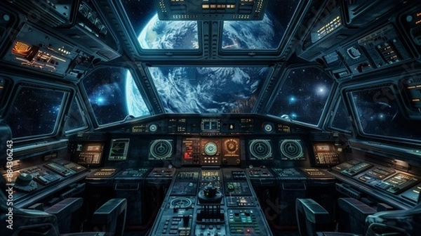 Fototapeta A detailed view of a spaceship cockpit with various controls and screens, and a breathtaking view of Earth outside the windows, representing exploration and technology.