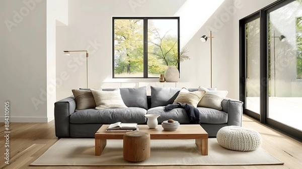 Fototapeta A sunlit living room with a plush, cloud-like indigo sofa anchoring a cozy reading nook. Light streams through a large window, illuminating woven throw pillows and a chunky knit blanket draped over