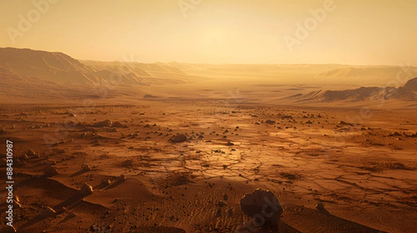 Obraz A photo of the Elysium Planitia on Mars, with flat, barren landscapes as the background, during a late afternoon