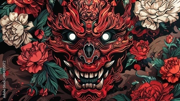 Obraz Japanese oni devil mask art with floral ornaments background wallpaper AI generated image