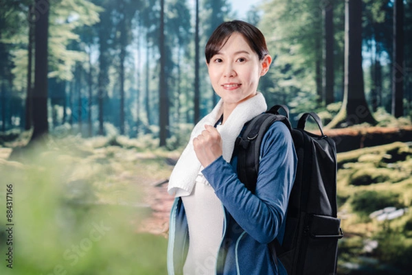 Fototapeta 晴天の中で登山をする女性