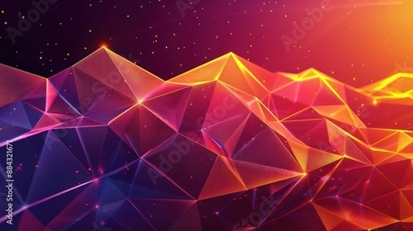 Fototapeta A visually stunning image of vibrant, multi-colored geometric shapes forming triangular mountain peaks against a backdrop of a dusk sky, creating a dynamic and modern aesthetic.