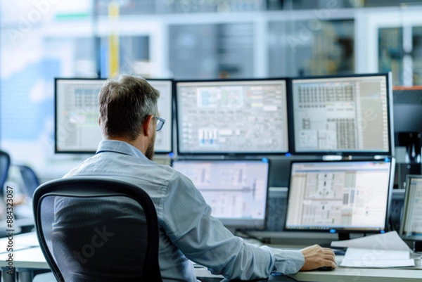 Fototapeta Engineer working on multiple monitors controlling scada application