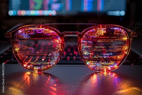 Fototapeta Glasses with code on them placed on a desk.