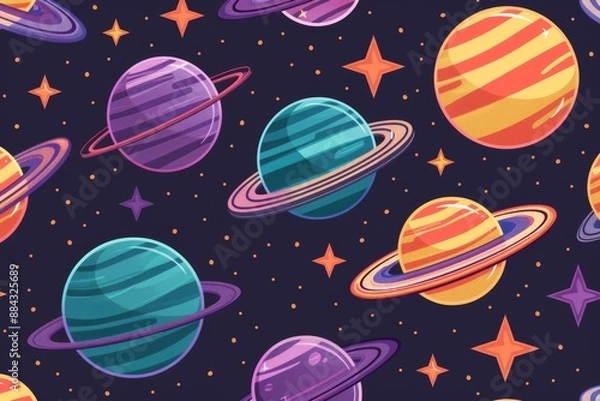 Fototapeta Seamless Pattern With Colorful Planets and Stars For Textiles, Wrapping Paper.Cartoon Outer Space
