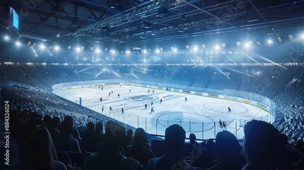 Fototapeta A breathtaking view of a large ice hockey arena packed with spectators, with teams playing on a visibly frozen ice surface under bright stadium lights.