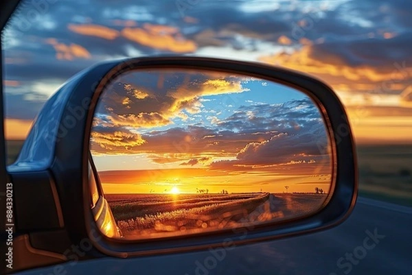Fototapeta Breathtaking Sunset Over Fields Reflected in Car Side Mirror