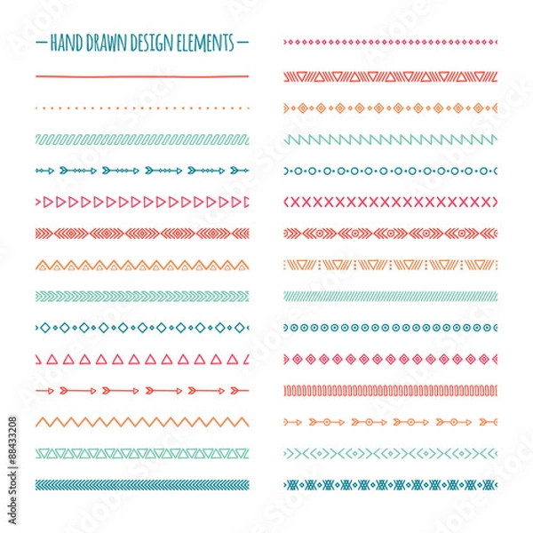 Fototapeta Ethnic hand drawn vector line border set and hipster scribble