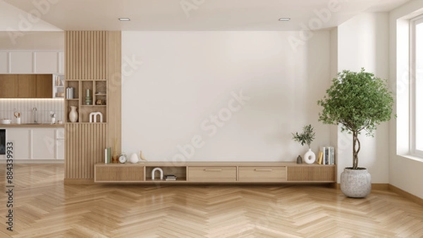 Obraz Minimal scandinavian design of  living room interior ,wood floor ,white wall ,Mockup a TV , 3d render