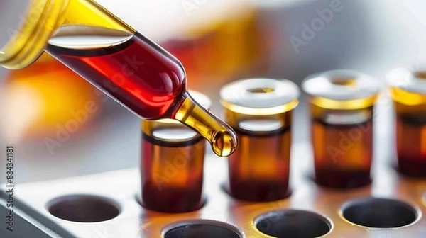 Obraz A close-up image of a dropper containing orange-brown liquid poised above multiple vials in a lab environment, highlighting careful and precise chemical handling in experiments.