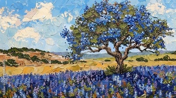 Fototapeta Oil painting depicting a vibrant bluebonnet field with a flowering tree at its center, under a bright blue sky with fluffy white clouds, representing Texas springtime.