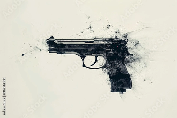 Obraz a handgun with black ink splatters creating a dynamic artistic effect