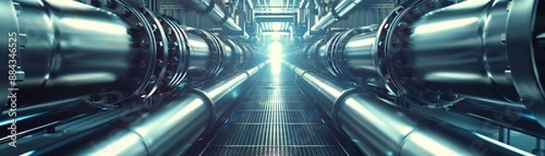 Fototapeta A long, futuristic corridor with pipes and machinery. The end of the corridor is bright.