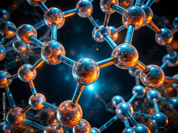 Fototapeta Vibrant 3D rendered illustration of a molecule with intricately detailed atomic bonds and spherical structures in shades of blue and orange against a black background.