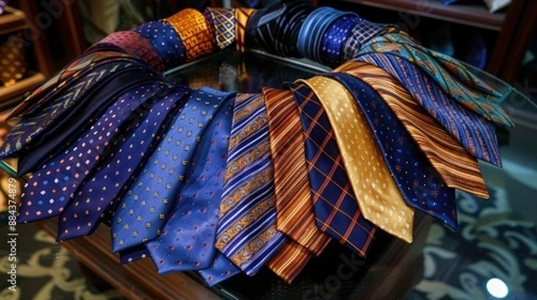 Obraz A display of luxurious silk ties in an array of rich colors and patterns, artfully arranged on a glass table.