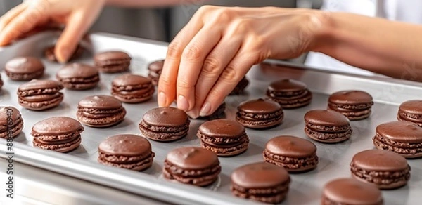 Fototapeta Someone making chocolate macarons on a baking sheet

