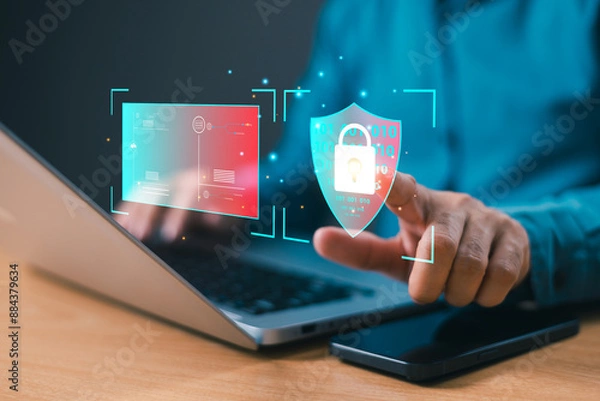 Fototapeta Cyber security concept, information privacy secure technology system. Lock icon, internet network security tech protect info data from hacker. Man use computer network confidential on cloud digital