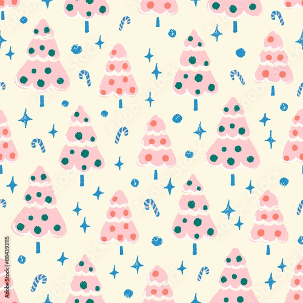 Fototapeta Cute pink Christmas trees with baubles and snow seamless pattern. Holiday season winter forest fun repeat pattern. Hand drawn illustration.