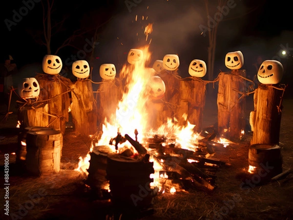 Obraz Eerie Halloween Bonfire with Pumpkin-Headed Scarecrows..