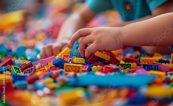 Fototapeta Children's hands playing with colorful building blocks.