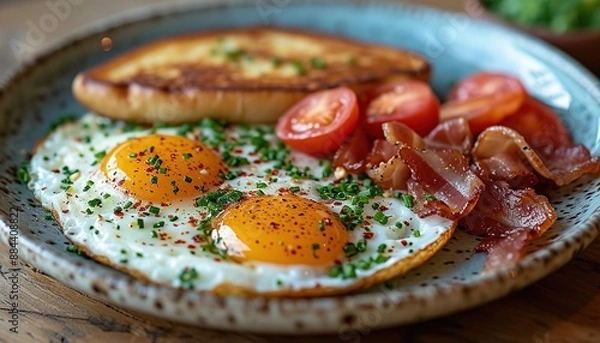 Obraz Classic breakfast scrambled eggs, bacon, toast and juice, morning breakfast on the table