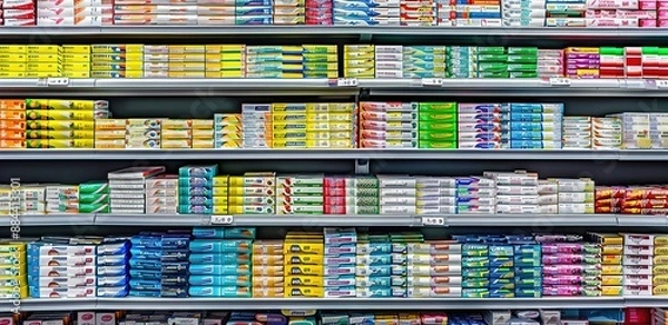 Fototapeta  A supermarket shelf containing various types of toothpaste