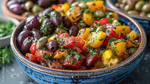 Fototapeta Grilled Peppers and Olives in Bowl