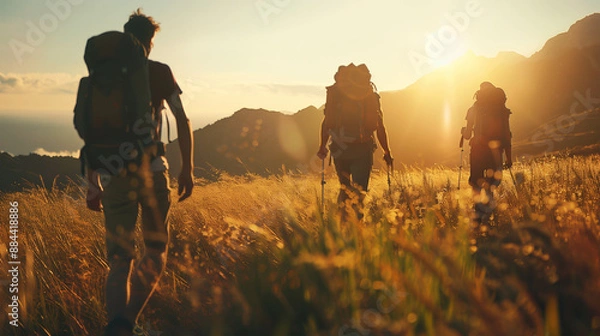 Fototapeta Friends hiking together in the mountains in the vacation trip. Sunlight reflecting in the grass Generative Ai