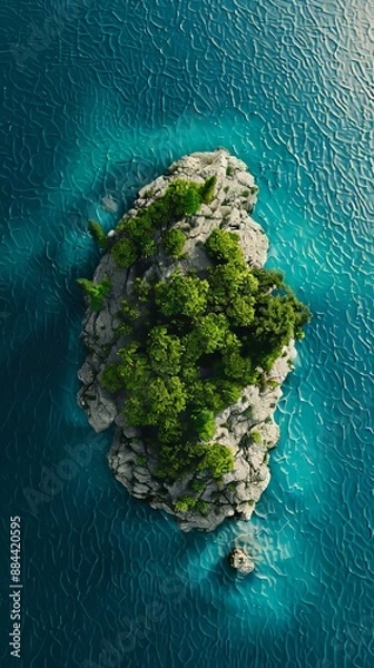 Fototapeta An island with trees and rocks in the middle of the ocean.