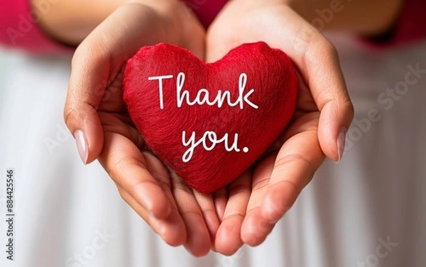 Obraz Close-up of hands holding a red heart with 'Thank you' written on it. Perfect for expressing gratitude in various projects, including cards and social media.