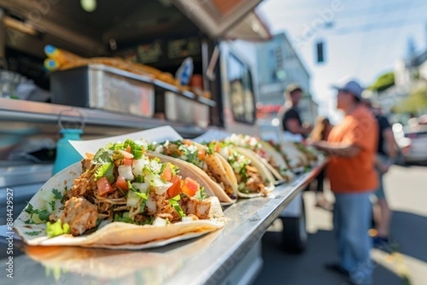 Obraz Close-up view of delicious tacos being served at a food truck. The tacos are piled high with meat, salsa, onions, and cilantro.