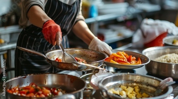 Fototapeta A Cook Prepares Food in a Busy Kitchen With Red Peppers and Other Dishes
