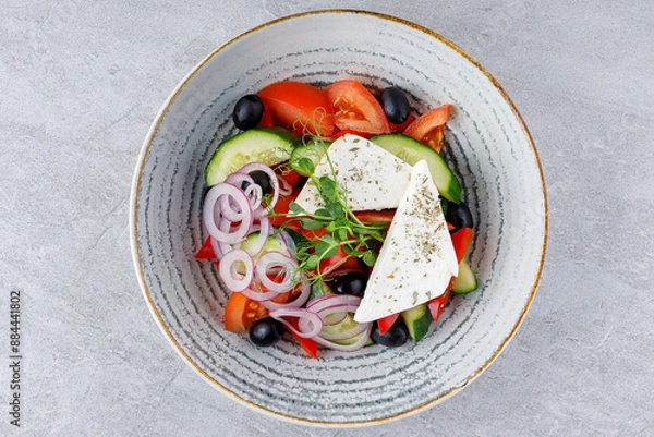 Obraz Best Salad with Vegetables and Feta Cheese in Beautiful Dishes on Gray Background, Fitness Salad, Photo for Menu