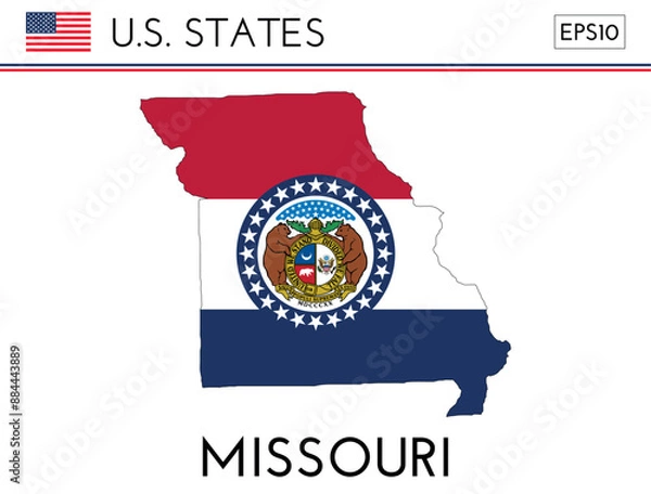 Fototapeta Missouri USA state map shape with flag. Map of Missouri in the Missouri flag colors. Outline map filled with its flag colors. Vector illustration.
