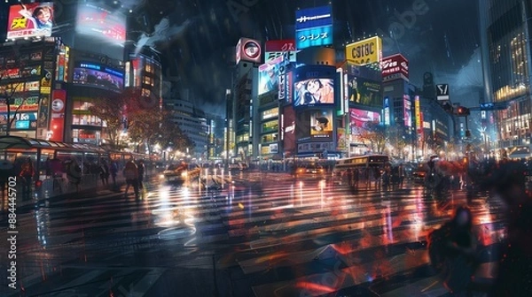 Fototapeta Busy city intersection at night with illuminated billboards, colorful lights, and reflections on wet streets creating a vibrant and energetic urban scene.