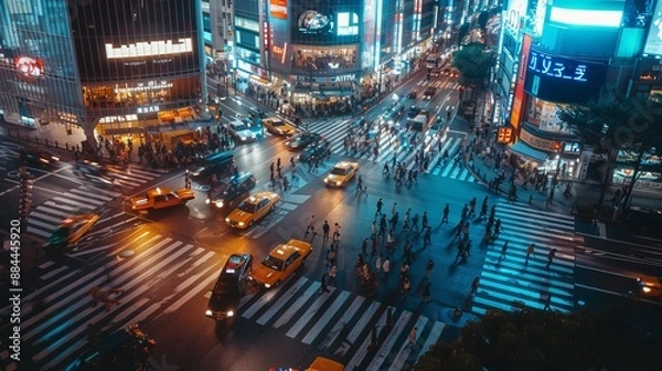 Obraz Aerial perspective of a busy city intersection at night, filled with cars, pedestrians, and vibrant lights from surrounding buildings and billboards, creating a lively urban scene.