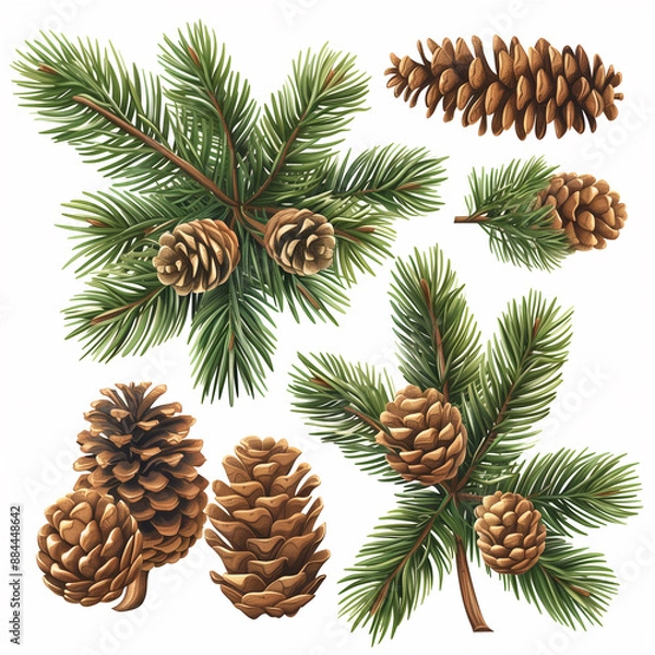 Fototapeta Fir tree branches with cones. Christmas tree branch and pine cones set isolated on white background. Xmas green fir pine twigs and cones