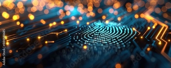 Fototapeta A neon blue fingerprint concept on a motherboard with a neon yellow stripe