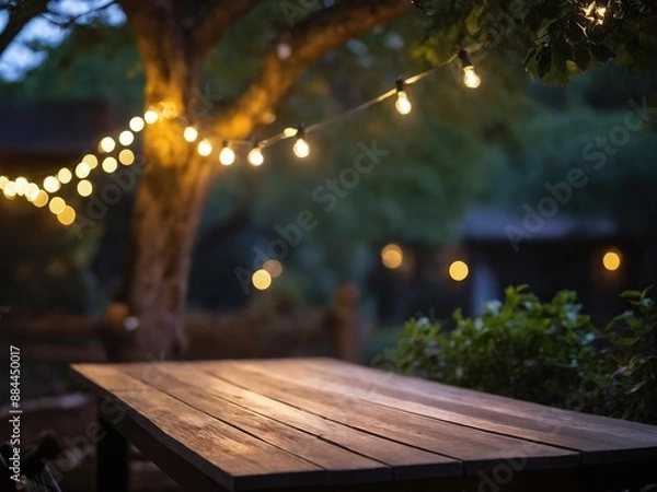 Fototapeta Wooden table under string lights in backyard at dusk