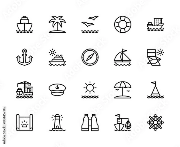Fototapeta Travel by sea vector linear icons set. Contains such travel by sea icons as ship, water, waves, sea, shore, palm and more.