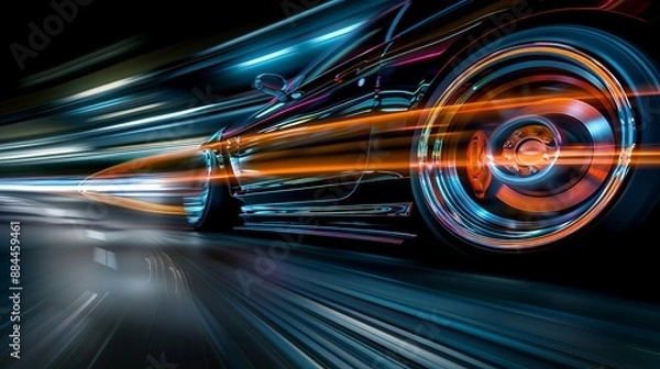 Fototapeta A sleek car races at night with colorful trails following its path, showcasing the dynamic speed, elegance, and cutting-edge technology in a high-energy, modern world.