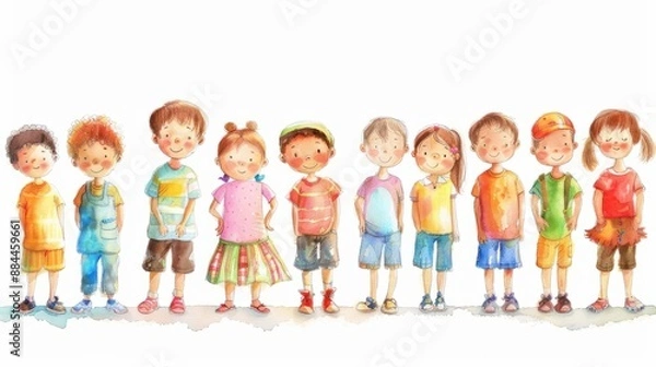 Fototapeta Cheerful cartoon standing children in a row on the white background. Happy kids watercolor horizontal illustration. Generative ai.