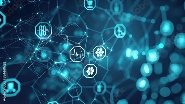 Fototapeta Abstract medical icons and symbols in a digital healthcare network