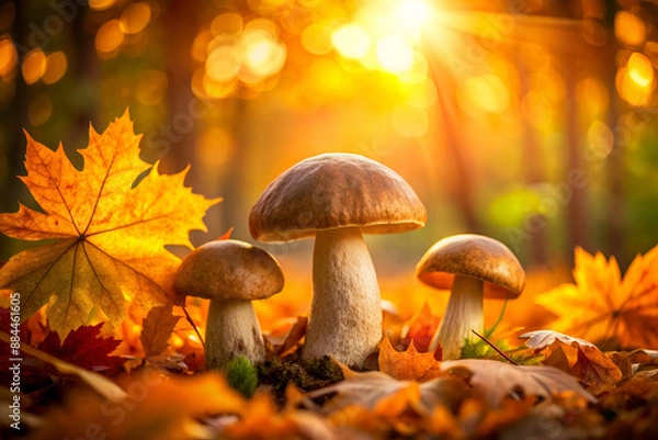 Fototapeta Three mushrooms are on a pile of leaves in the autumn. The mushrooms are brown and are surrounded by orange leaves. The scene has a peaceful and serene mood