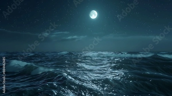 Fototapeta A breathtaking view of a moonlit ocean, with waves shimmering under the soft glow of the moon and stars scattered across the vast expanse of the sky.