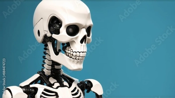 Obraz Robot skeleton stands sideways on a blue background