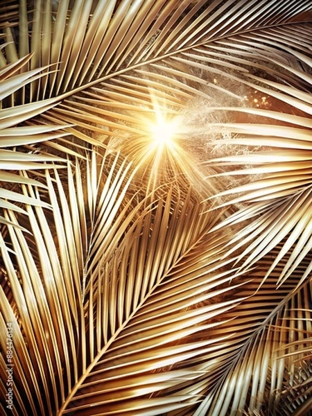 Fototapeta A ray of light peeping through the thick wide palm leaves