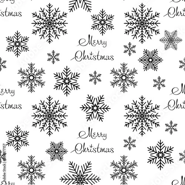 Fototapeta simple seamless Christmas pattern of black snowflakes on a white background, texture